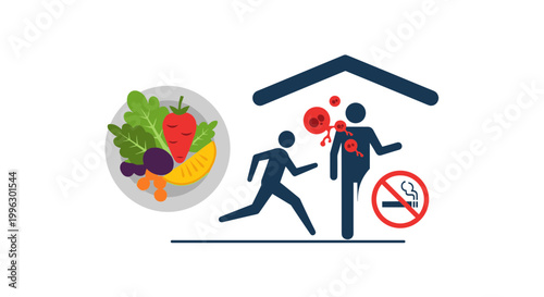 A vector graphic illustrating healthy lifestyle choices at home with food and exercise