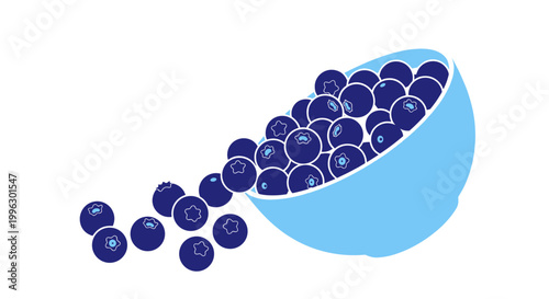 A vector graphic illustration of blueberries spilling out of a light blue bowl
