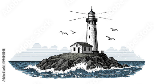 A minimalist vector illustration of a lighthouse on a rocky island