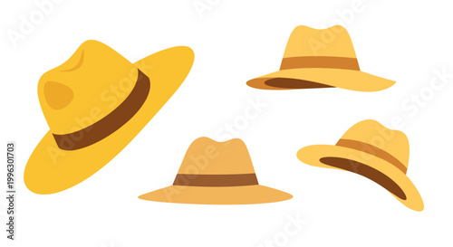 A set of four yellow straw hats with brown bands in a minimalist vector illustration