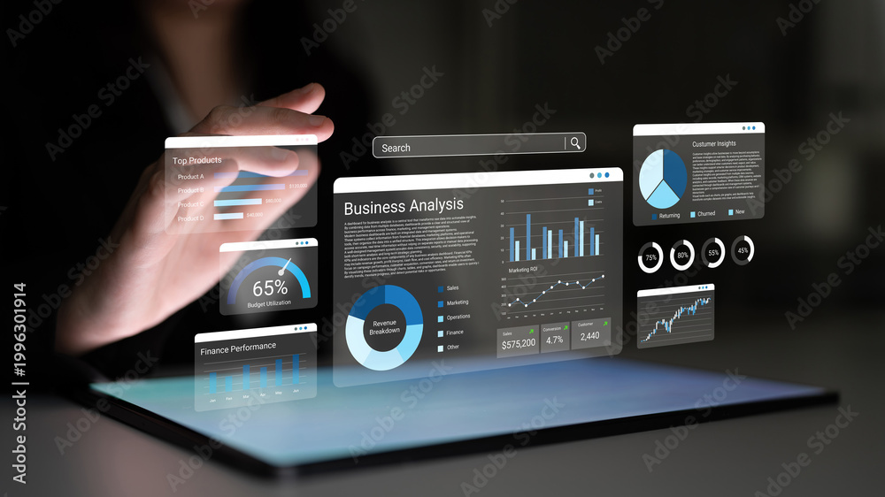 Φωτογραφία Explore a futuristic view of business analysis featuring a digital interface with advanced data visualization tools in a modern workspace for enhanced decision-making