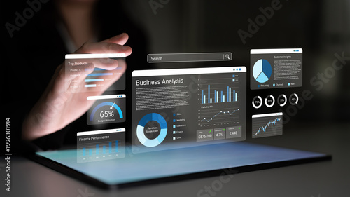 Cuadro en lienzo Explore a futuristic view of business analysis featuring a digital interface with advanced data visualization tools in a modern workspace for enhanced decision-making