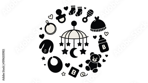 Cherished Treasures: A collection of essential baby items arranged in a circle, evoking the anticipation and warmth surrounding new life and infancy.