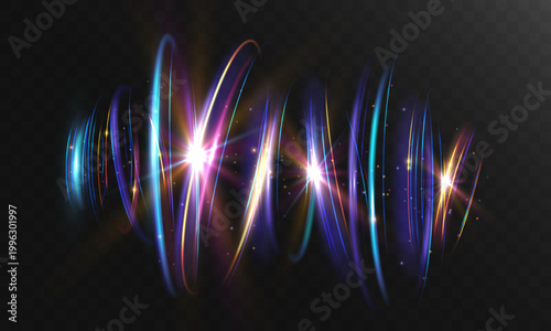 Colorful light waves forming dynamic sinus curves with bright flares. Smooth glowing lines create energy flow and motion effect on transparent background.

