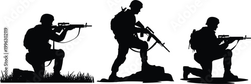 Army troops aiming weapons in tactical stances black silhouette battlefield illustration set