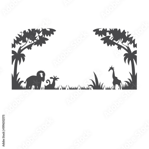 Black and White Pixel Art Rainforest Environment with Tropical Animals Illustration