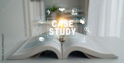 Tableau sur toile Light Bulb Symbolizing Innovation Above Open Book with Case Study Icons Representing Education and Business Solutions for Online Learning and Research Fluxor