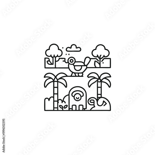 Detailed Monochrome Pixel Art Jungle Scene with Wildlife for Retro Game Levels