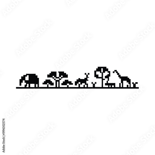 Retro Game Style Pixel Art Jungle Landscape in Monochrome Black and White Tones