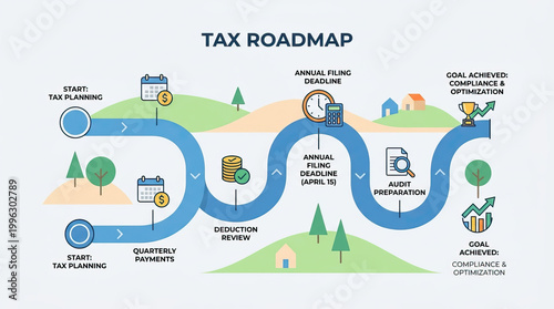 Tax roadmap illustration showing tax planning, quarterly payments, deduction review, annual filing deadline, audit preparation, and compliance optimization for financial success