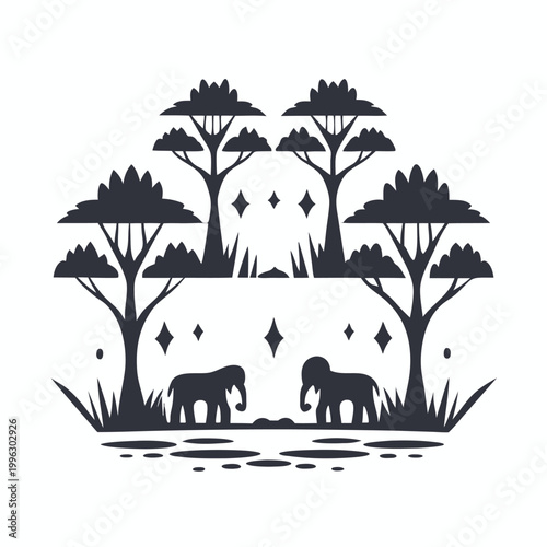 Retro Two Color Pixel Art Jungle Scene with Wildlife and Tropical Environment