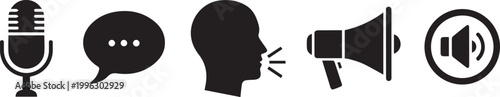 Public speaking and communication icons set with microphone, megaphone, and speech bubble.
