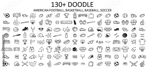 Sports doodle set icons football basketball baseball soccer hand drawn collection