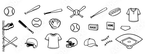 Baseball equipment doodle set with bat glove ball and field elements