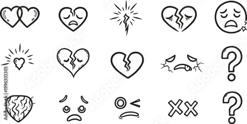 Collection of sketch emoticons with heartbreak, sadness and questioning symbols.