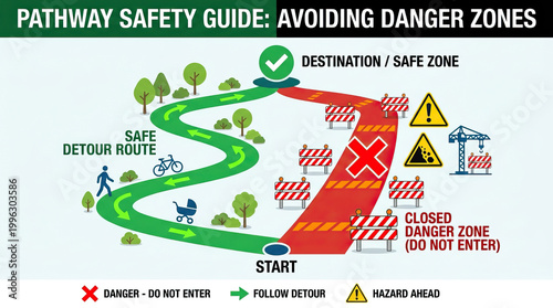 Pathway safety guide showing safe detour route with green arrows and closed danger zone marked with red barriers and warning signs to avoid hazards and ensure safe travel