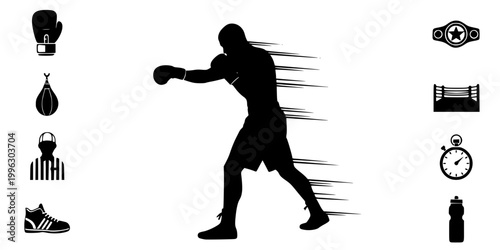 Boxer Shadow Boxing Training Silhouette Vector - Gym Workout Icon