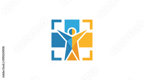 This logo showcases human figures holding arms wide amidst a colorful backdrop, symbolizing health, wellness, and positivity in a caring environment. Perfect for health brands.