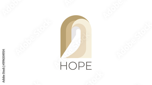 A simplistic logo design featuring a bird and an archway, embodying hope and positivity through elegant curves and a warm color palette, ideal for branding.