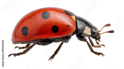 Fotografia Close-up profile view of a bright red ladybug with black spots, showcasing its d