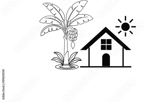 Minimalist tropical house vector illustration, black and white banana tree with sun icon, simple village home line art, exotic landscape graphic