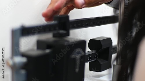 1080p 60fps horizontal video of a doctor weighing his patient on his scale, both of Latino origin
