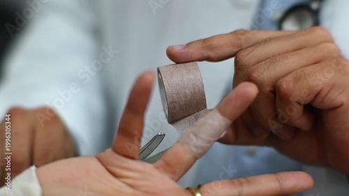 1080p 60fps horizontal video of a doctor treating a finger wound with tape for his patient in his office, both of Latino origin
