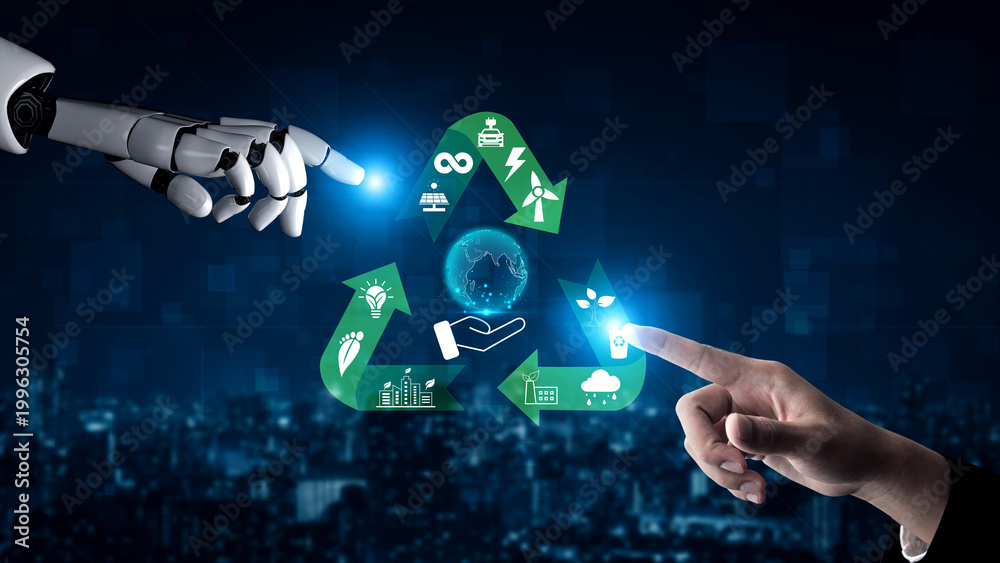 Fototapeta premium Futuristic Concept of Sustainability with Human and Robot Hands Signaling Renewable Energy and Recycling Symbols Against Urban Night Background Quark.