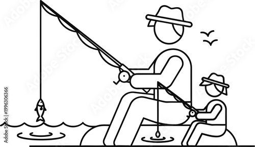 A charming black and white illustration depicts a father and son enjoying a peaceful fishing outing together