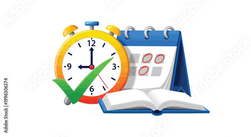 Time management concept with a clock calendar and open book symbolizing organization