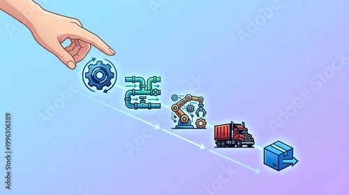 Hand hovering above gear, pipeline, robotic arm, truck, and package icons representing industrial process flow and logistics management in modern supply chain system