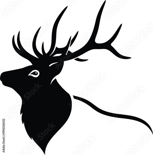 Elegant black silhouette of a majestic elk head with large antlers wildlife illustration