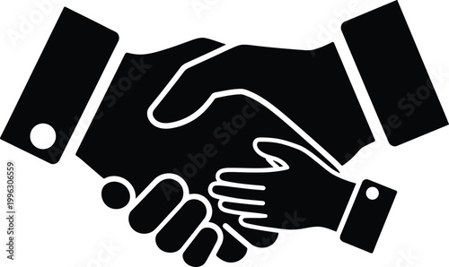 Black silhouette of two hands firmly shaking in a formal agreement gesture