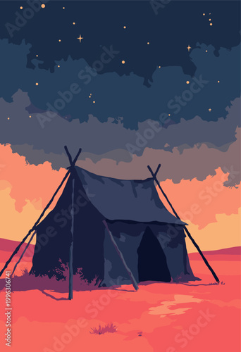 minimalist Bedouin tent Rendered as stark, black, intersecting geometric triangles anchored to flat, dusty red desert floor under starry sky Nomadic lifestyle concept No text