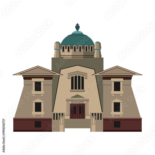 Vector illustration of a crematorium building in neoclassical style, with symmetrical facade, dome roof and solemn architectural atmosphere