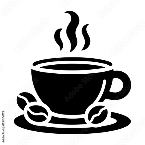Black coffee cup with steam and coffee beans on saucer simple icon.