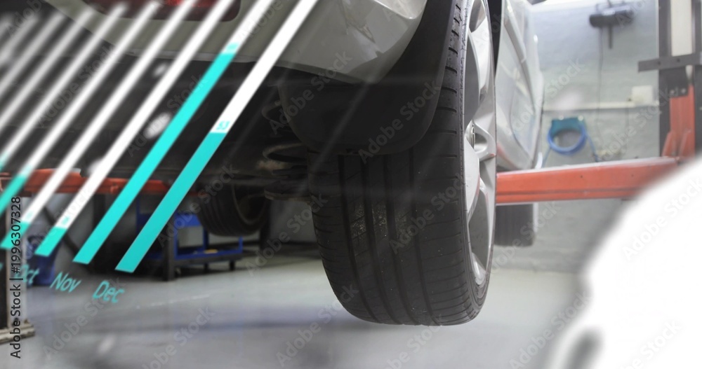 Naklejka premium Showing car rear wheel with tire tread and alloy rim on hydraulic lift, months overlay
