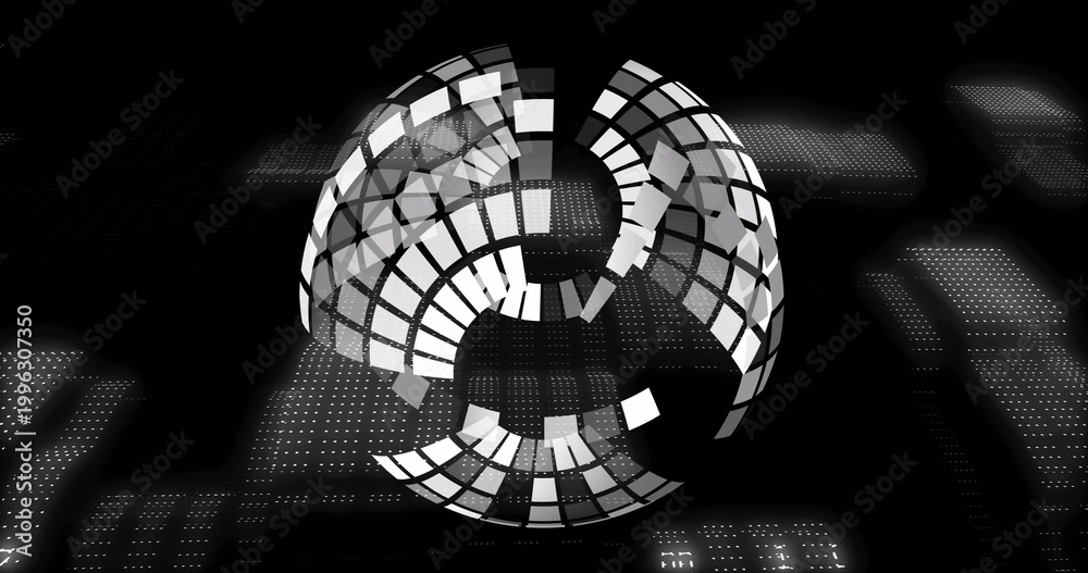 Fototapeta premium Rotating segmented globe floating in black virtual space, showing tiled bands and dotted grid