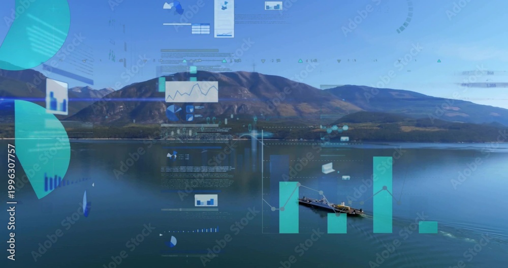 Fototapeta premium Displaying mountain lake panorama overlaying teal charts at shore, boat near pier reflections
