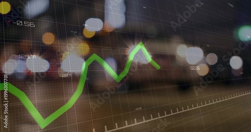 Displaying bright green line graph tracing movement over urban lights, with grid ticks, labels