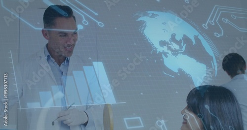 Showing scientist in lab coat at lab, pointing pen at glass pane, digital overlays, copy space