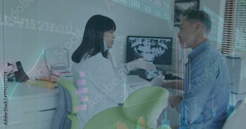 Dentist in lab coat pointing at panoramic X-ray monitor in dental clinic, with green chair, overlay