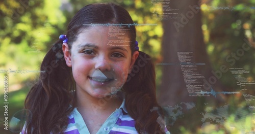 Photos Smiling girl facing camera in park wearing collared purple shirt, purple hair ti