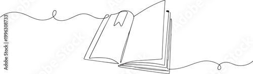 Open book with bookmark drawn in continuous line art style symbolizing knowledge and reading isolated on white background
