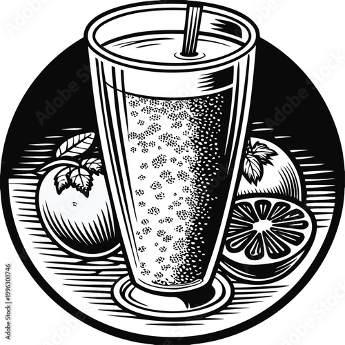 Black and white soda glass vector, fizzy drink illustration, fruit icons, beverage graphic