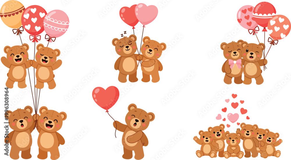 Obraz premium Adorable brown teddy bears with colorful balloons and heart shapes on white background for valentine s day or love themed designs