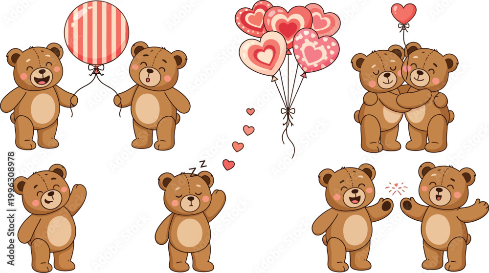 Fototapeta premium Adorable brown teddy bears with balloons in various poses on white background for kids and babies