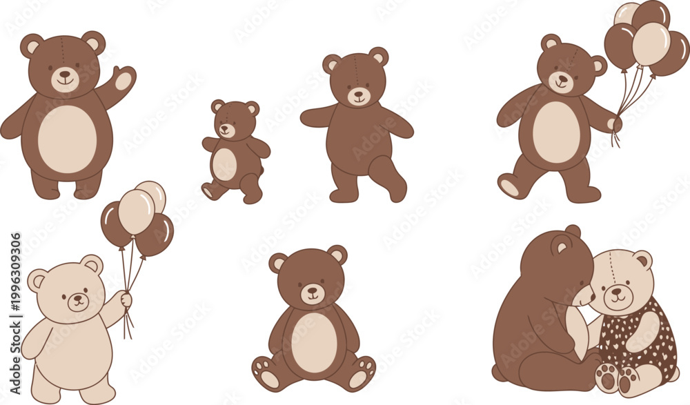 Fototapeta premium Seven cute cartoon bears and a teddy bear in various poses on a white background for kids or children