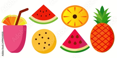 Collection of summer fruit and tropical cocktail icons, vector