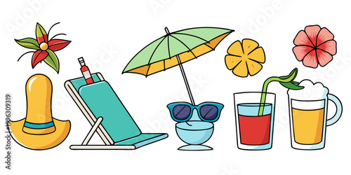 Summer beach vacation icons and drinks set, vector
